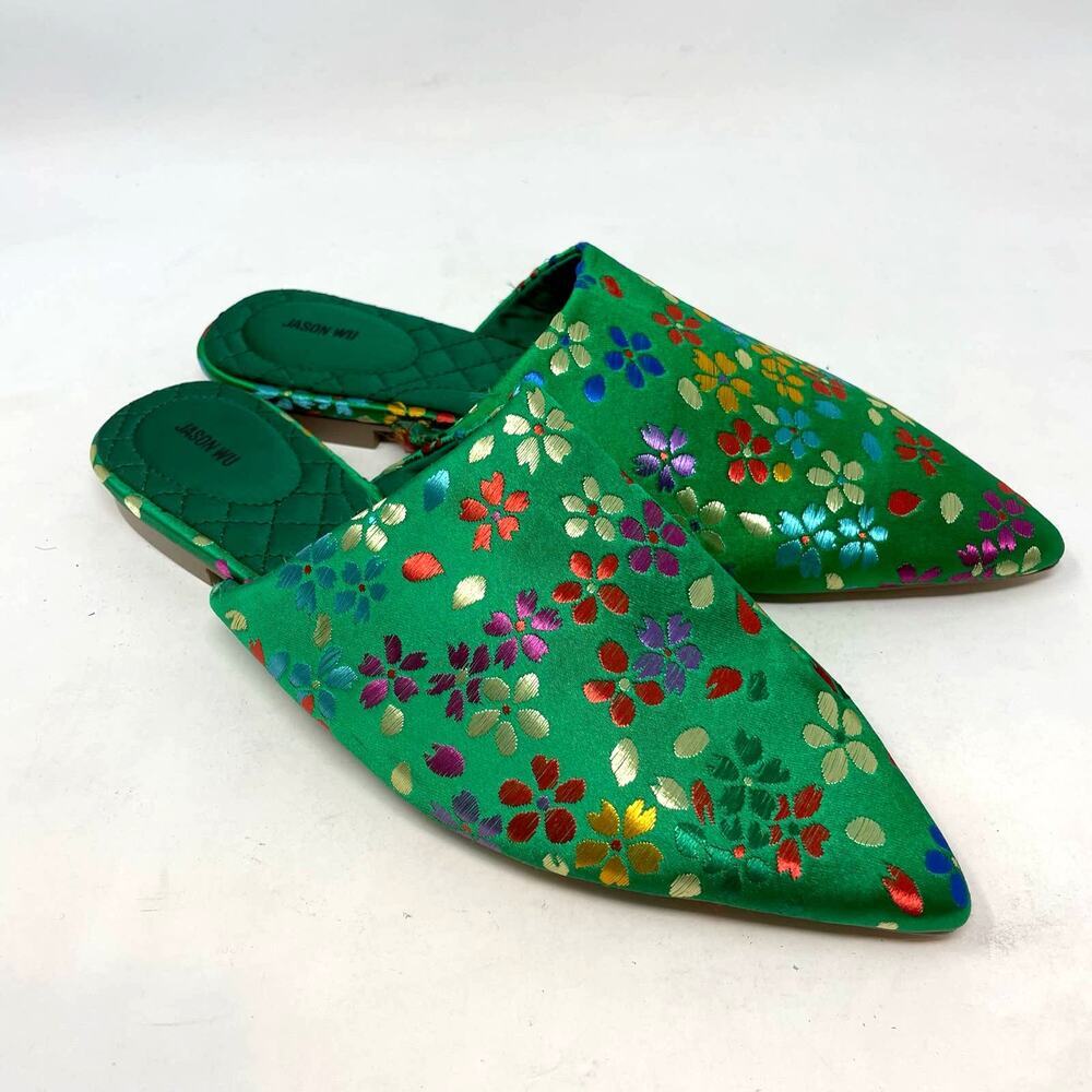 Jason Wu Green Metallic‎ Floral Print Satin Slipper Mules Size US 7